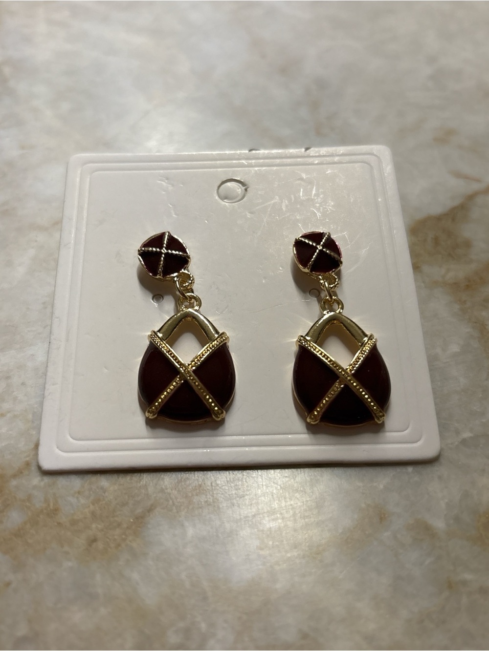 Vintage Gold-Tone Burgundy Enamel Cross Drop Earrings - Women Jewelry